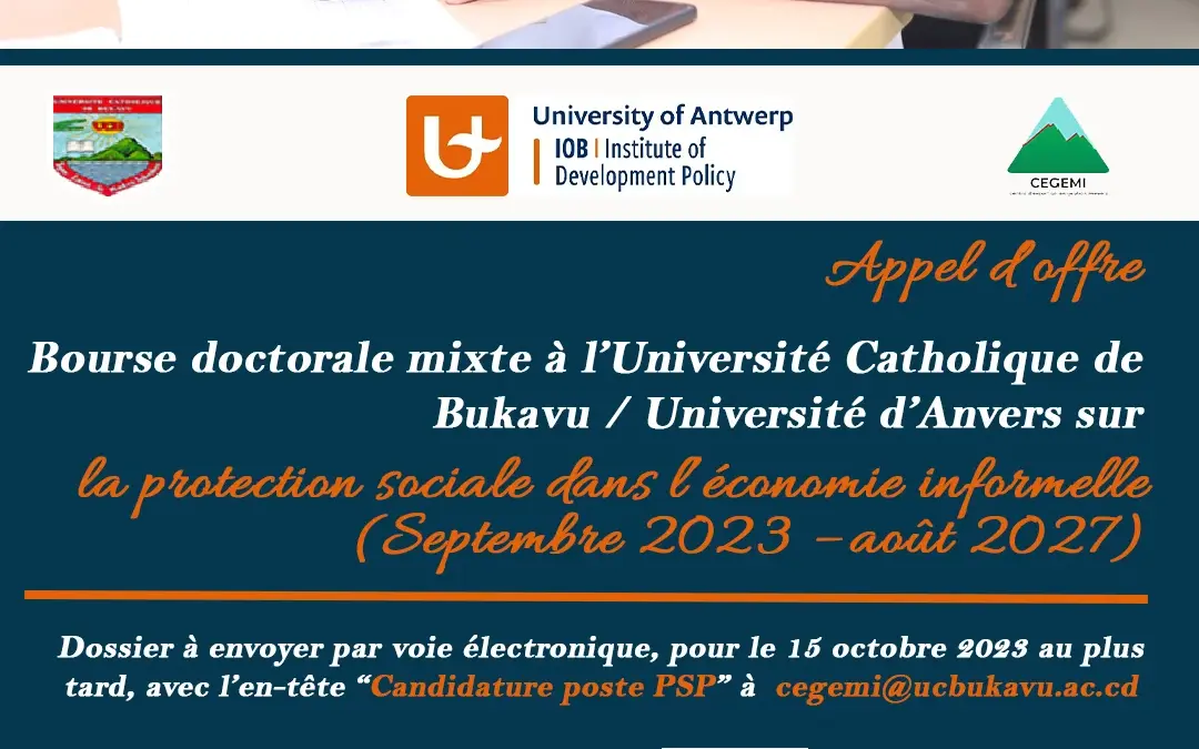 Bourse doctorale mixte à l’Université Catholique de Bukavu / Université d’Anvers sur la protection sociale dans l’économie informelle.